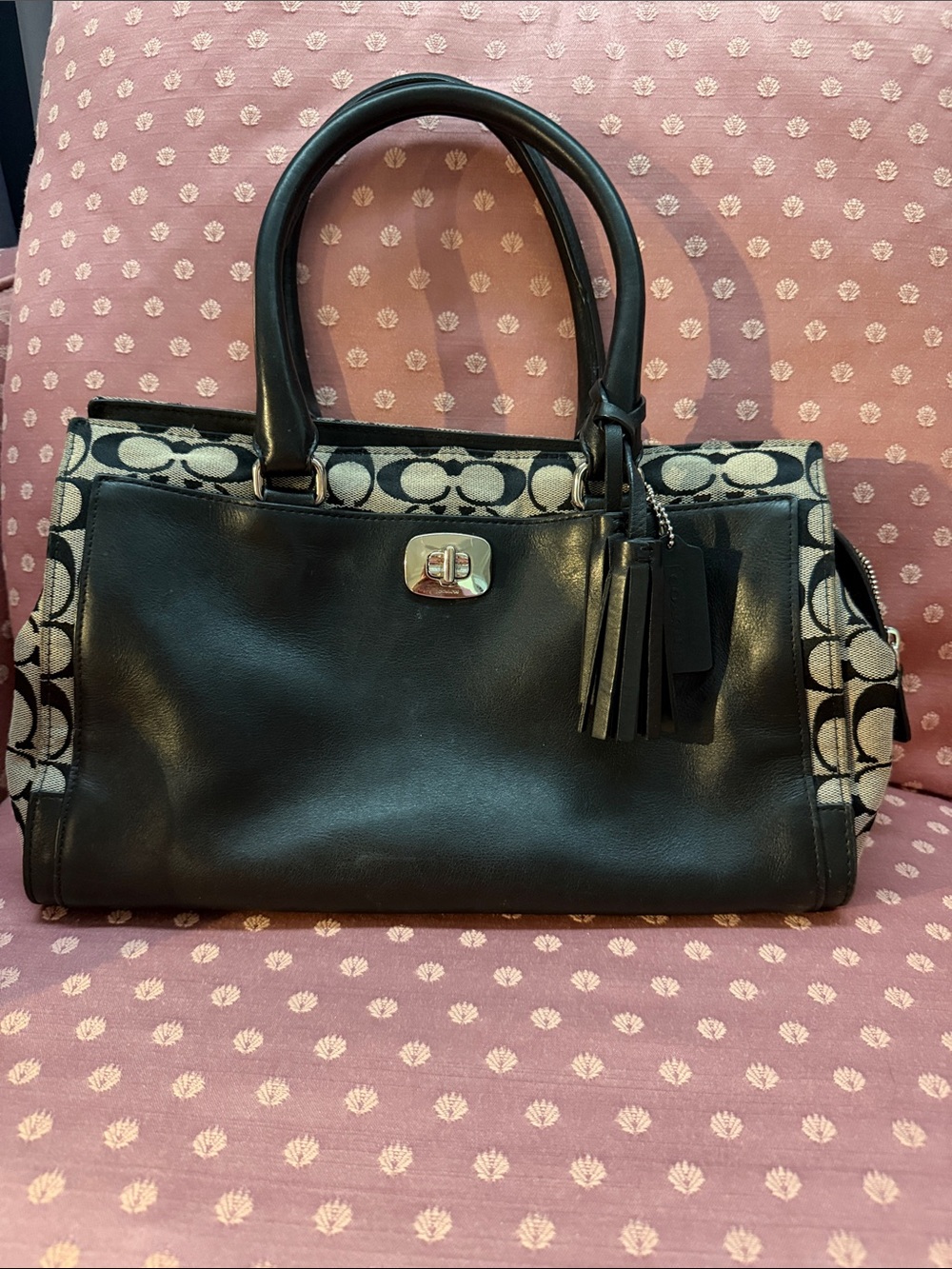 Coach Black Leather Satchel with Signature Canvas Trim